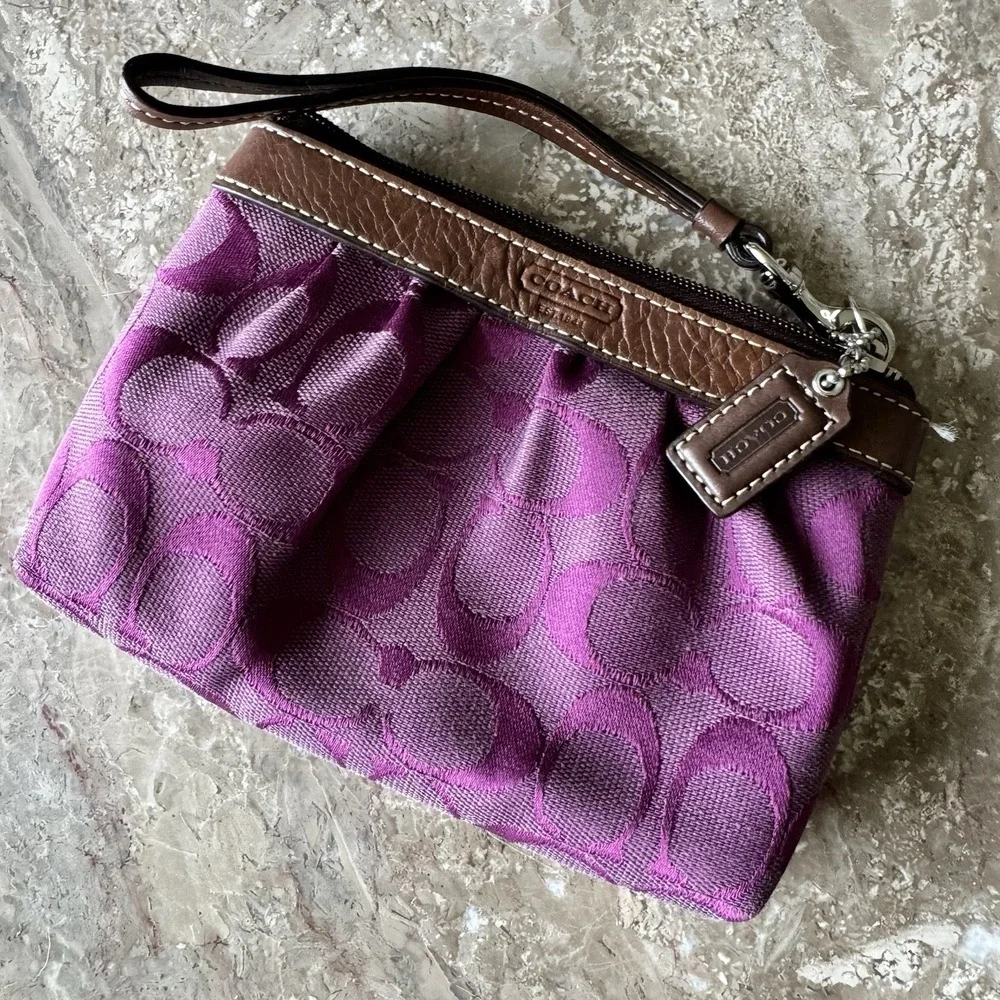 Coach Purple Logo Wristlet Bag with Brown Trim and Wrist Strap